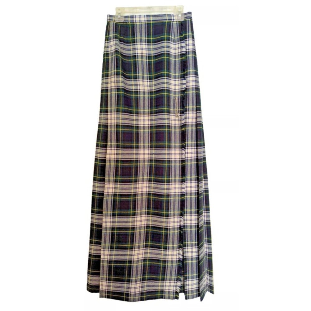 High Waist Wrap Maxi Skirt ST MICHAEL UK 12 Small W24 Tartan Green Plaid Vintage